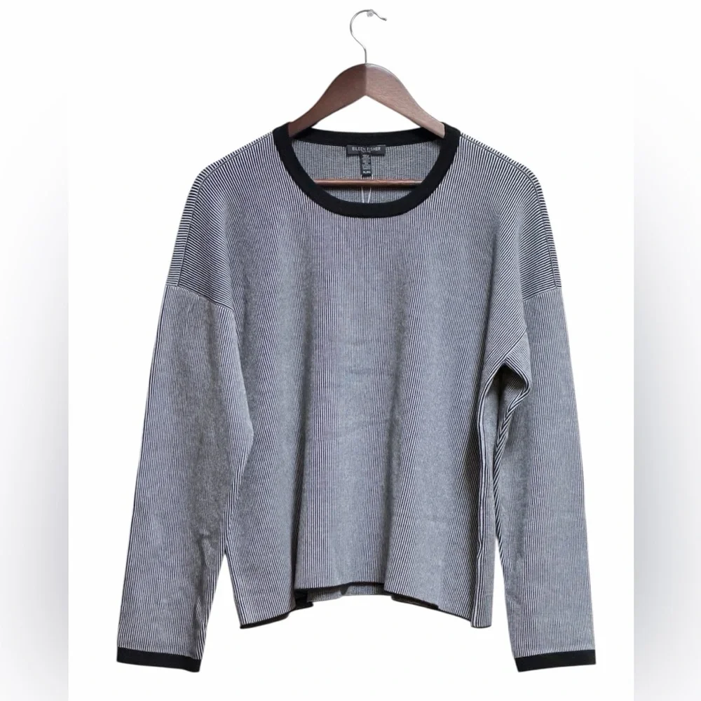 Eileen Fisher Mens Ringer Grey Black Pullover Sweater Size L